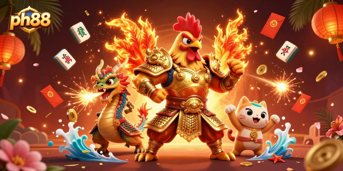Experience the vibrant action of ph88 with a powerful rooster warrior and dragon in this dynamic casino illustration.