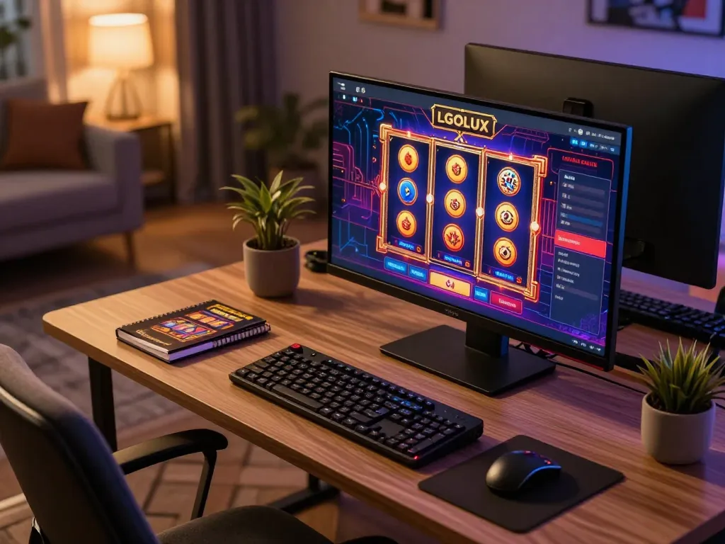 Player engaging with LGOLUX online casino on a stylish desktop, reflecting luxury gaming experience.