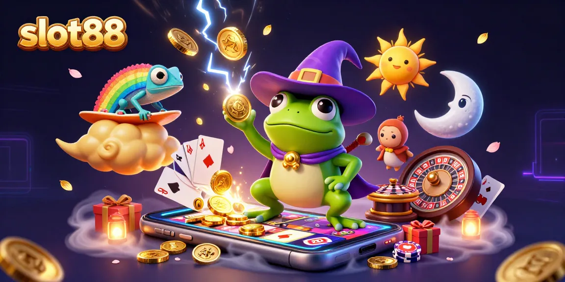 Experience excitement and wins with slot88 as golden coins and colorful gaming elements fill the scene.