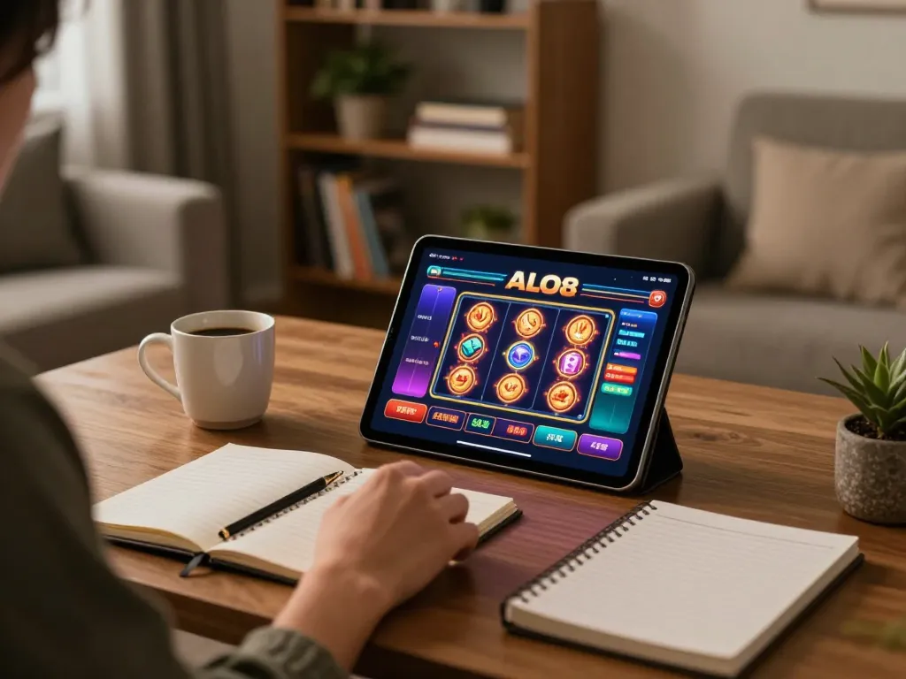 Player engaging with ALO8's mobile casino app, showcasing a vibrant slot game in a cozy home setup.