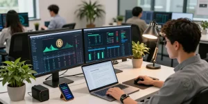 Sustainable bitcoin mining insights displayed on dual monitors in a professional crypto workspace, featuring blockchain performance metrics and digital wallet data.
