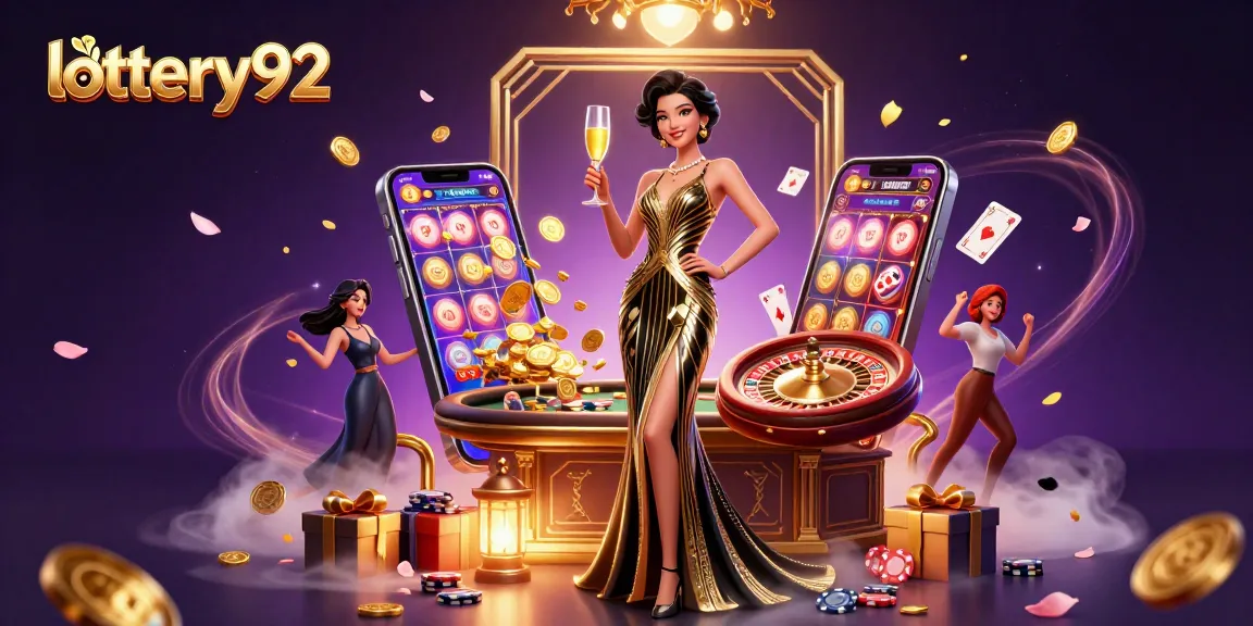 Experience excitement with lottery92 as the glamorous woman celebrates winning at a lavish casino.