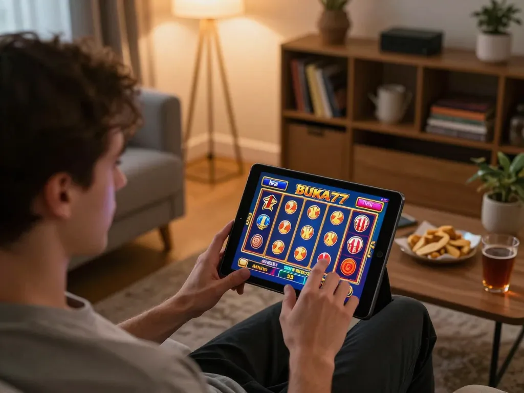 BUKA77 slot game interface highlighted on tablet screen, showcasing vibrant graphics and user engagement.