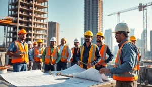 New York General Contractor supervising construction project with diverse team at a vibrant urban site.