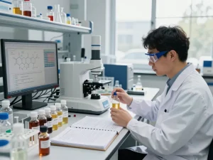 EU cannabinoid manufacturer conducting advanced research in a modern lab setting featuring extracts and scientific equipment.