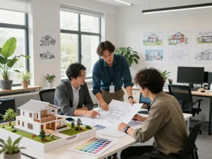 Innovative team discussing ออกแบบบ้าน กรุงเทพ in a modern architectural studio filled with design elements and natural light.