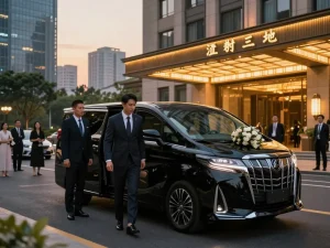 Cho thuê xe Toyota Alphard trong một không gian đô thị sang trọng với một doanh nhân phong cách và bối cảnh khách sạn thanh lịch.