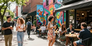 Friends enjoying drinks in a vibrant neighborhood exploring the cultural essence of https://forumup.org/shop/search.php?ca_id=&addr1=&addr2=&addr3=&schKeyword= while laughing and wearing trendy outfits.