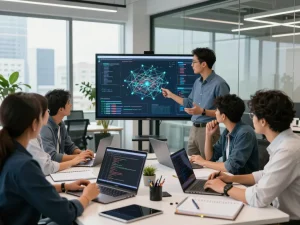 快连 professionals collaborating in a modern tech workspace, showcasing innovative networking solutions.