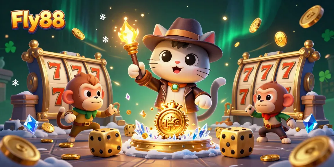 Fly88 showcases a thrilling scene with an archaeologist cat and casino artifacts in a vibrant 3D illustration.