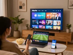 Configuration de streaming Atlas Pro montrant une interface IPTV vibrante et une atmosphère confortable de salon