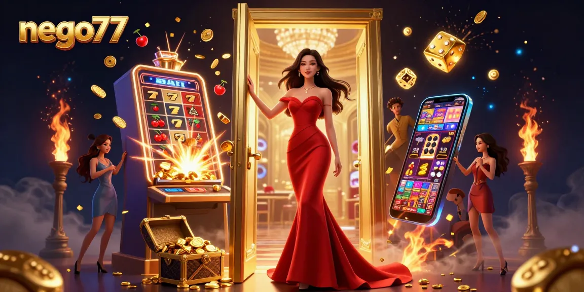 Experience thrilling gameplay at nego77 with stunning visuals of slot machines and golden rewards.