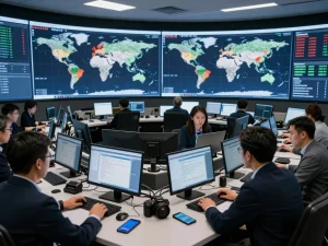 Team strategizing a Global Security Alert in a high-tech command center with digital maps and reports.