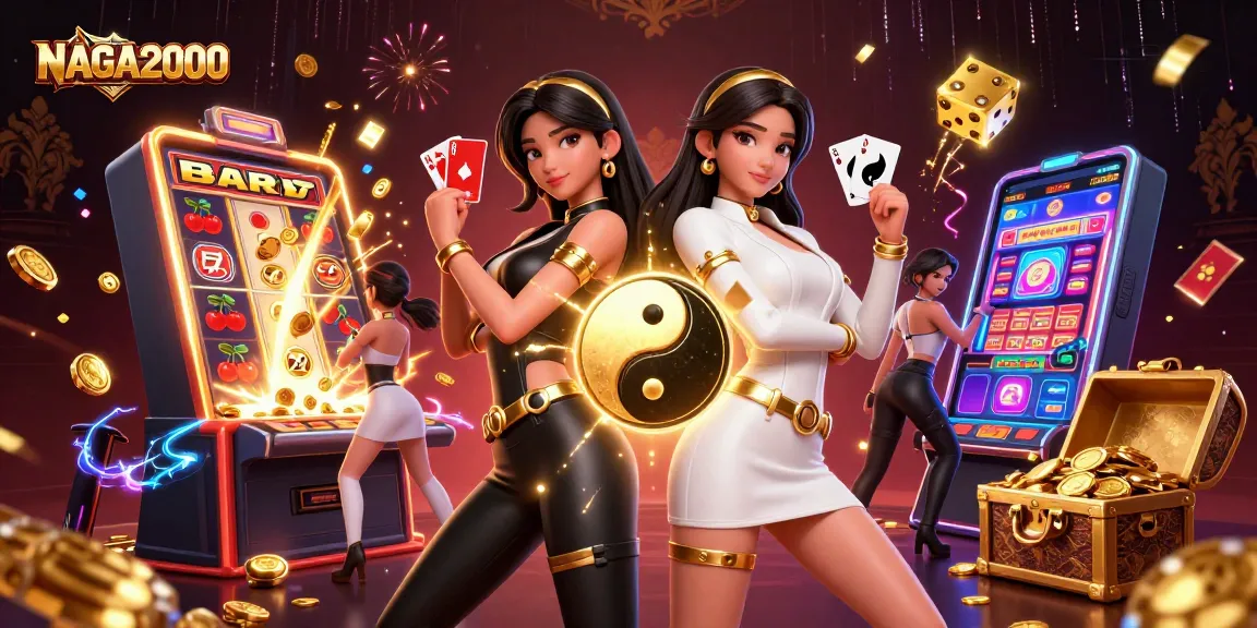 NAGA2000 menampilkan adegan menarik dua wanita Asia kembar di lingkungan kasino, memegang kartu bermain di tengah ledakan jackpot.