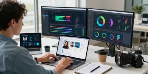 Using a free ai image detector on a laptop with AI analysis tools in a modern workspace.
