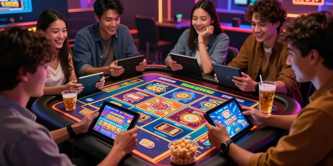 Friends enjoying slot gacor hari ini games on mobile devices in a lively online casino atmosphere.