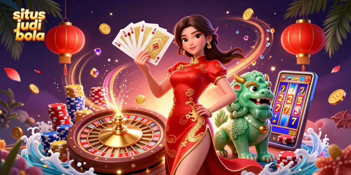 Experience exhilarating wins at situs judi bola with colorful illustrations of casino elements and a stunning scene.