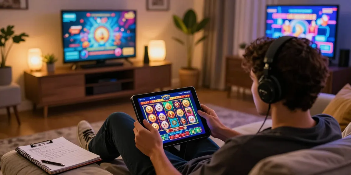 Engaging in a thrilling online slot game at home, showcasing a dynamic gaming setup and colorful graphics.