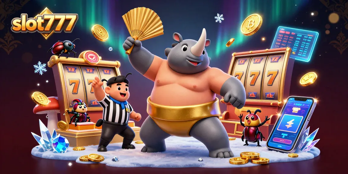 Experience slot777 thrills with a cartoon sumo beetle champion amidst slot reels and crypto elements.