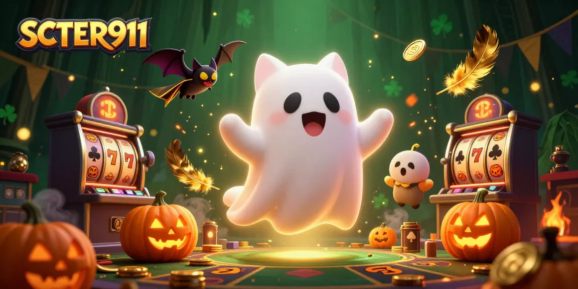 Experience the thrill of SCATTER911 with a ghost cat and bat in a vibrant casino scene.