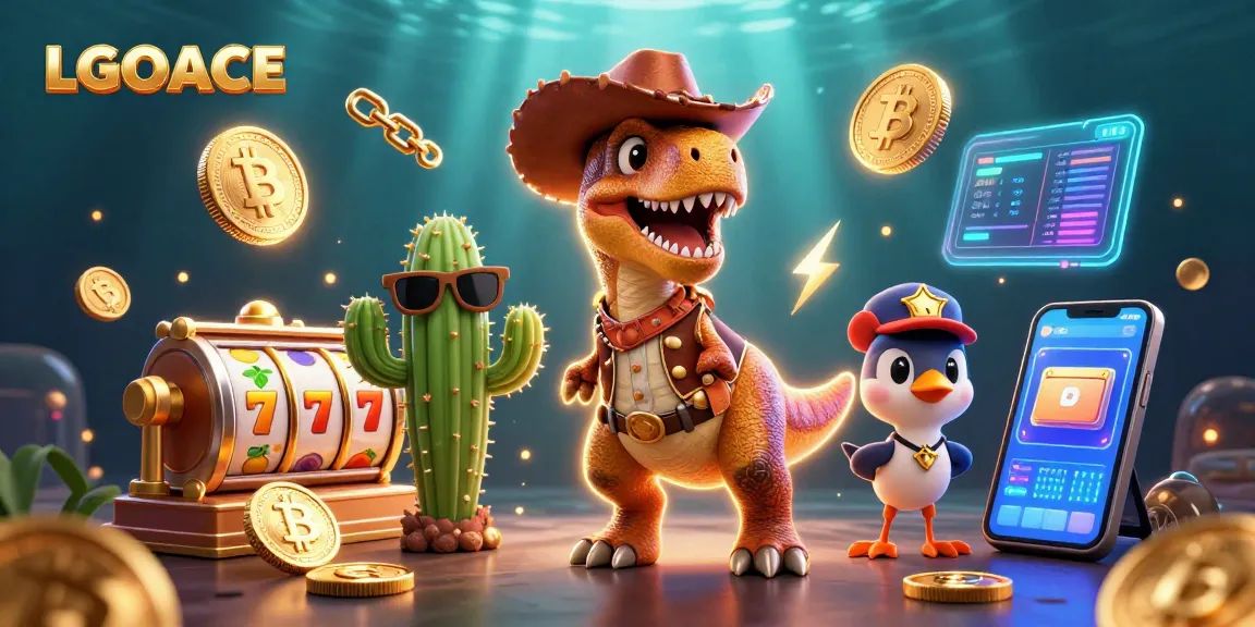 LGOACE offers exciting slot gameplay with a vibrant 3D cartoon cowboy dinosaur and friends amidst cryptocurrency coins.