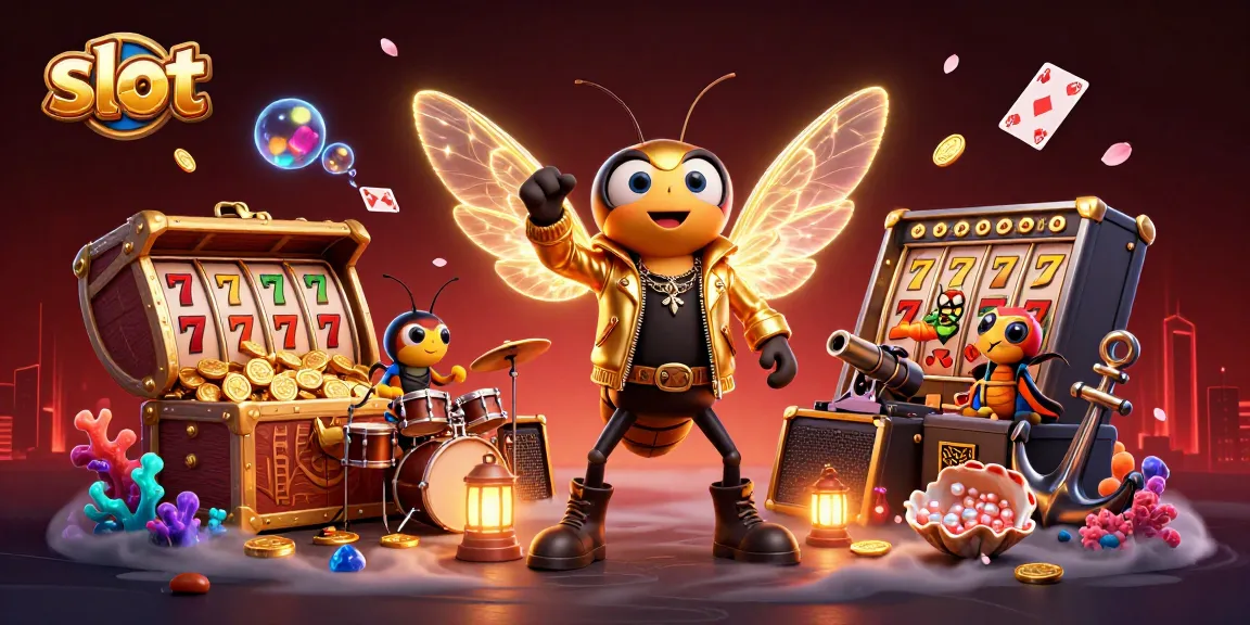 Experience slot excitement with a vibrant cicada rock star amidst vibrant gaming elements and treasure