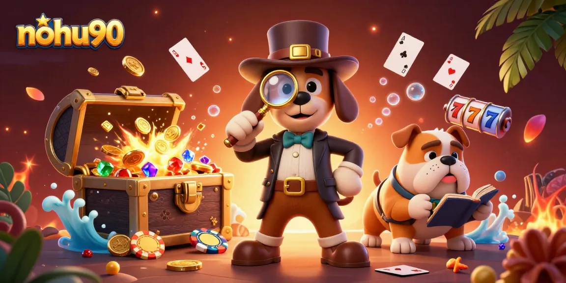 Engage in nohu90's thrilling casino games with a detective scene depicting poker strategies and treasure clues.