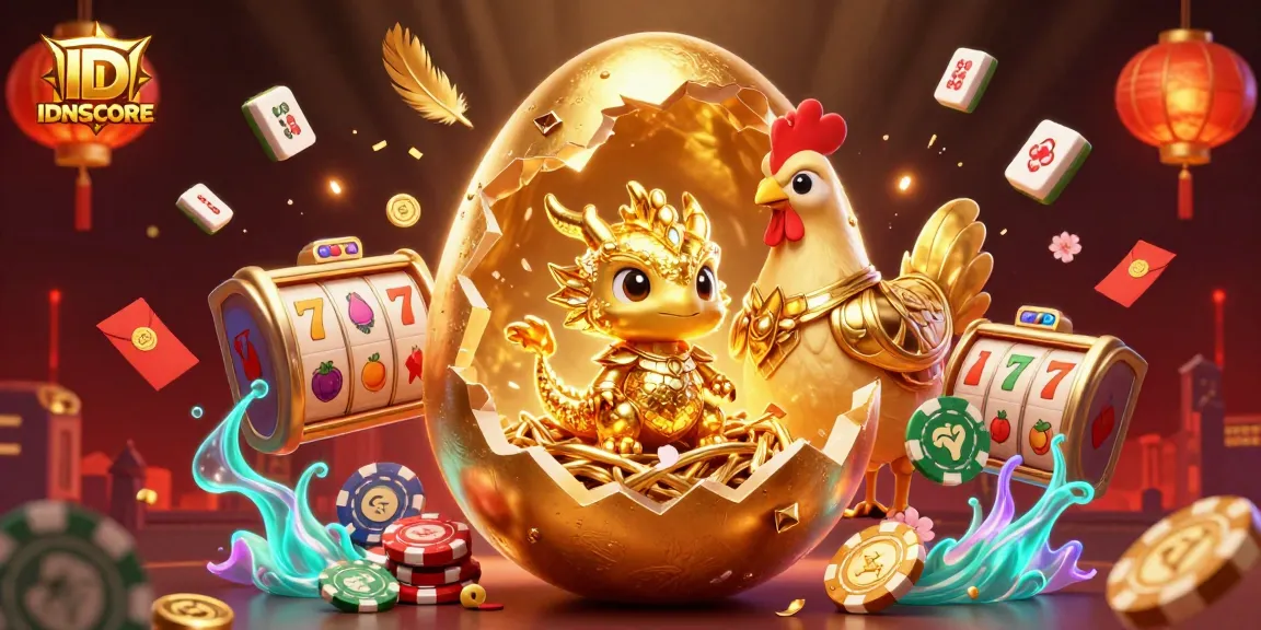 Experience IDNSCORE’s thrilling gaming landscape with a golden dragon, poker chips, and vibrant casino elements.
