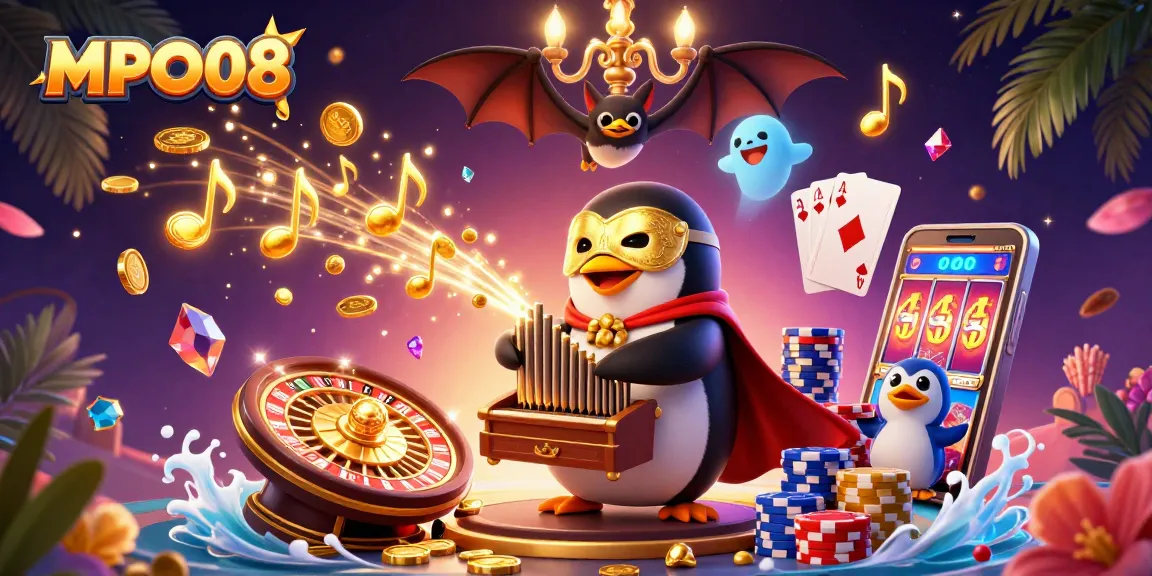 MPO08 showcases winning strategies in a vibrant casino-themed scene with a penguin playing an organ.