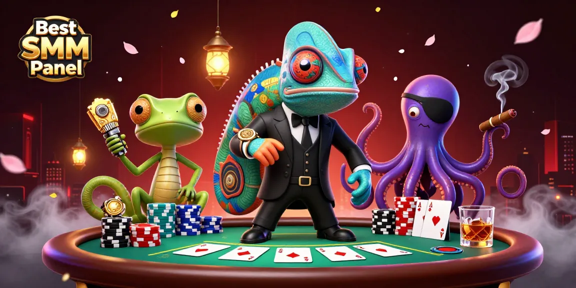 Best SMM Panel illustration featuring vibrant casino characters amidst poker elements.