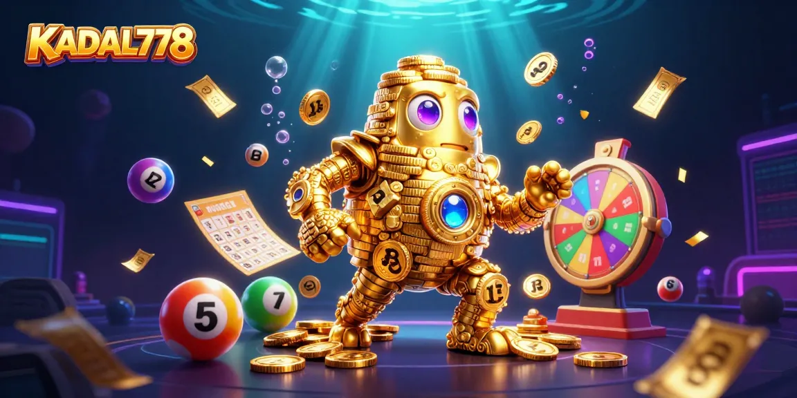 KADAL778 showcases a vibrant casino scene with a golden golem amongst dynamic lottery balls and exciting gambling elements.