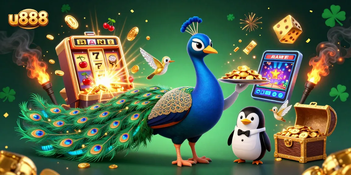 Experience thrilling wins at u888 with a cartoon peacock and lively casino elements.