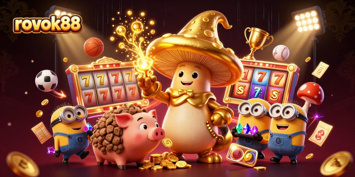 Experience the excitement of rokok88 with a vibrant 3D illustration featuring slots, wizard, and treasure.