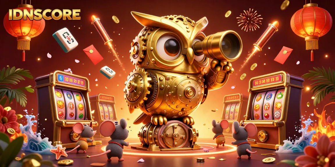Experience excitement at IDNSCORE's vibrant casino with a golden owl and animated mice amidst thrilling slots.