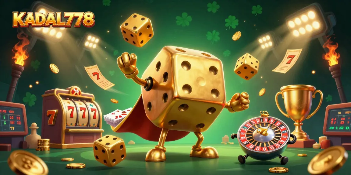KADAL778 showcases a golden dice golem and a roulette ball in an engaging casino scene filled with dynamic game elements.