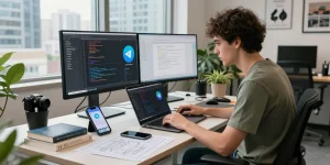 Developer programming Telegram iOS China app in urban workspace.