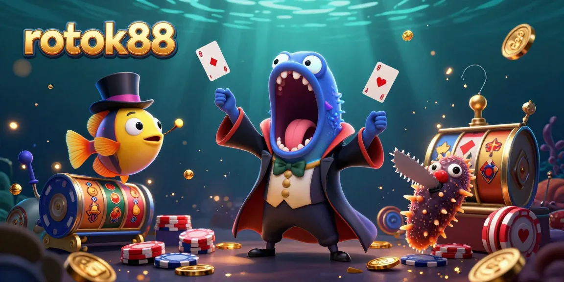 Engage with rokok88's vibrant casino world as luminous sea creatures perform magic tricks amidst dynamic slot machines.