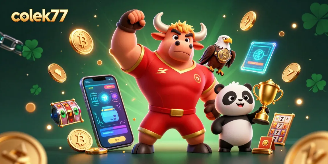 Engage with colek77's vibrant casino scene featuring winning symbols, a bull mascot, and crypto coins.