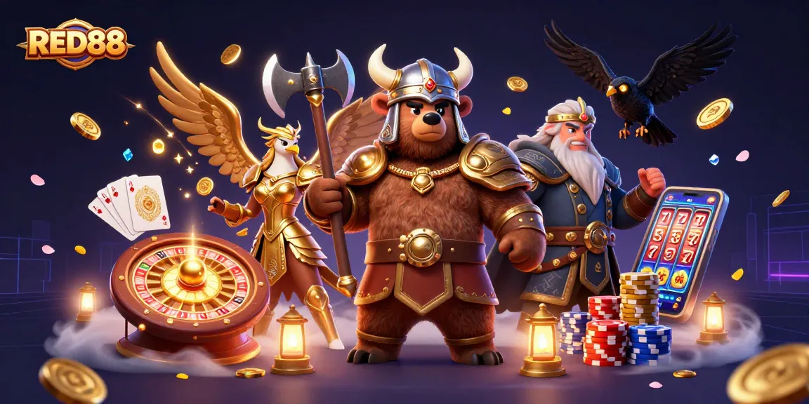 Engage with RED88 slots and jackpots featuring a Viking bear and Valkyrie eagle.