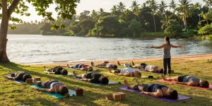 200hr yoga teacher training sri lanka participants practicing yoga by Koggala Lake during a serene retreat.
