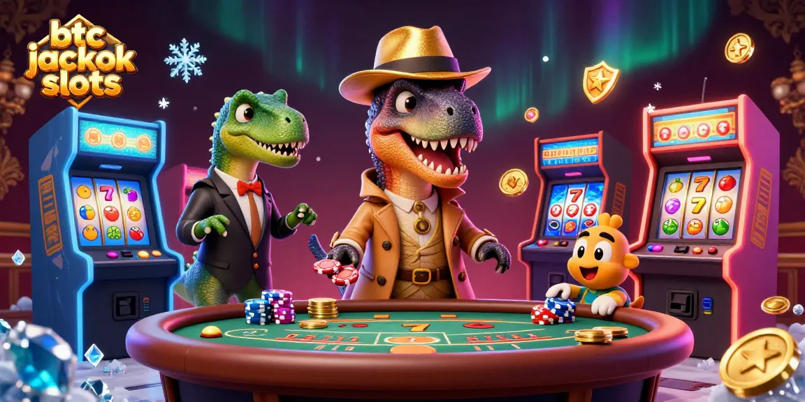 Experience thrilling btc jackpot slots action with a velociraptor card counter amidst vivid gaming elements.