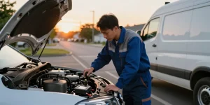 Technician addressing a diesel vehicle issue involving Adblue in diesel car by roadside during sunset.