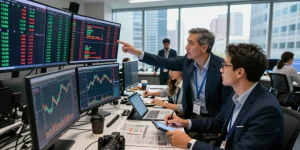 Traders analyzing stock market indices live on multiple screens in a bustling trading floor