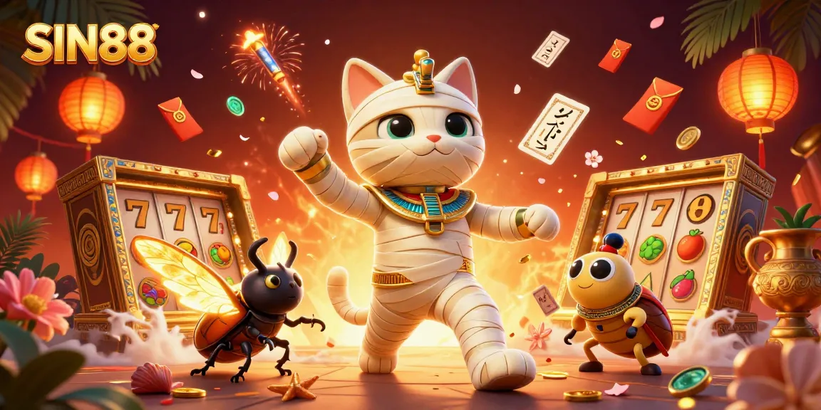 SIN88 showcases an Egyptian mummy cat in a pyramid casino surrounded by vibrant slot game elements.