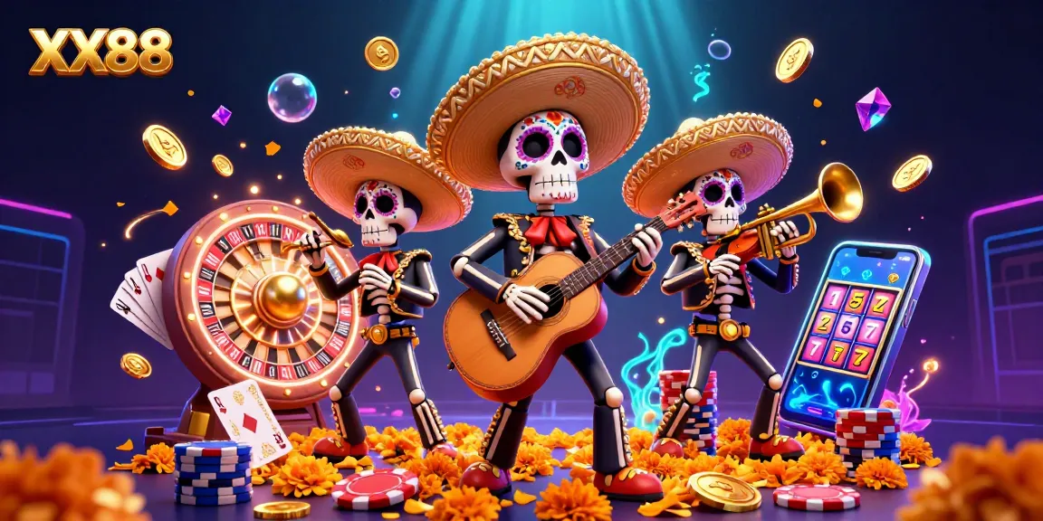 Experience the vibrant 3D casino scene with XX88's mariachi band amidst sparkling gems and gold coins.