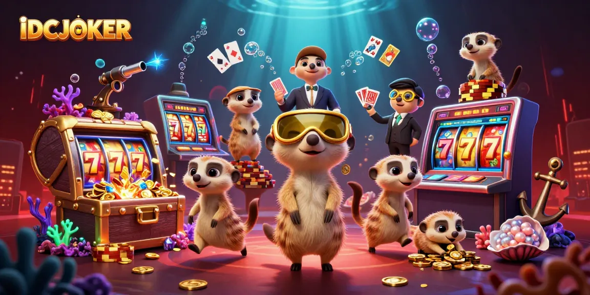 Experience the excitement of IDCJOKER with a lively meerkat casino scene amidst floating slot reels and treasures.
