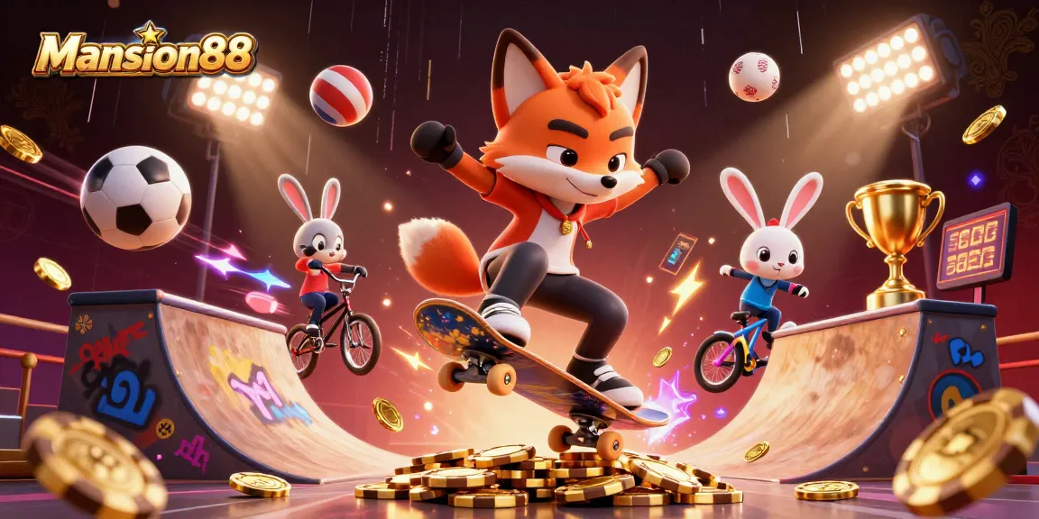 Mansion88 engages players with a vibrant 3D scene of a skateboarder fox performing tricks among dynamic sports elements.