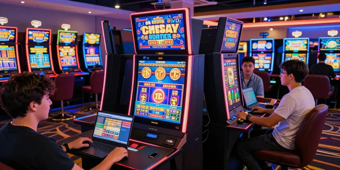Players enjoying Slot Pulsa games at a vibrant online casino, celebrating wins in an engaging atmosphere.