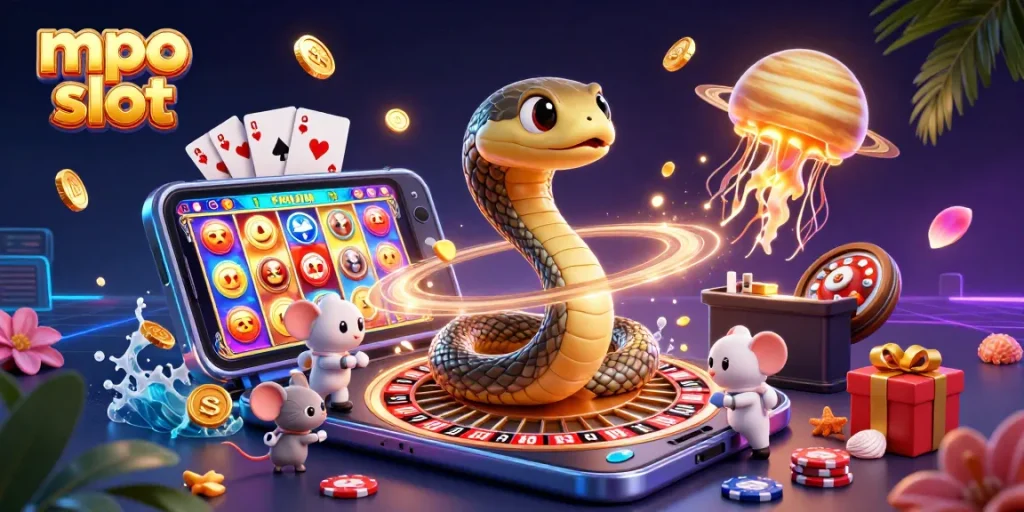 Bet on mpo slot with vibrant characters betting on a cosmic roulette wheel in this illustration.