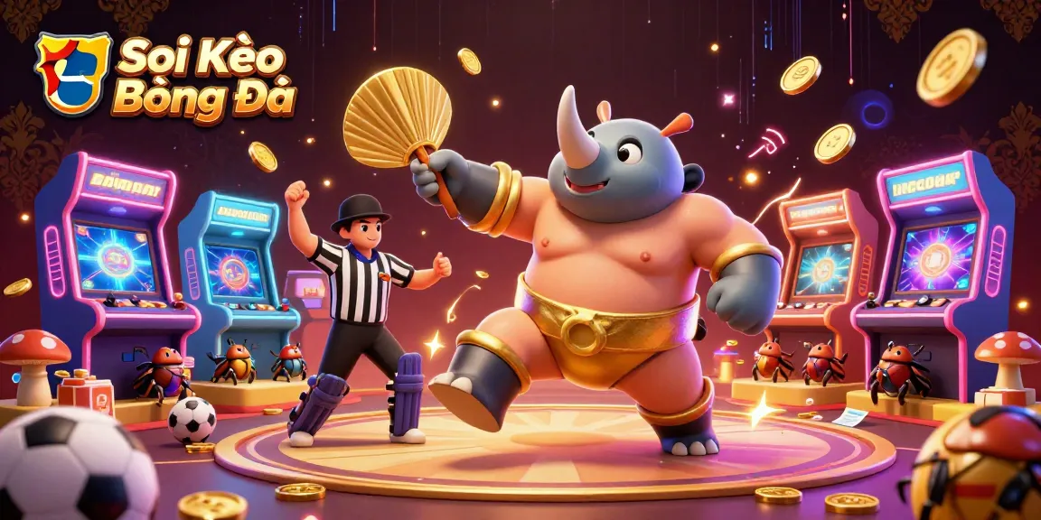 Soi Kèo Bóng Đá betting scene with a rhinoceros beetle champion and referee cricket, showcasing sports excitement.